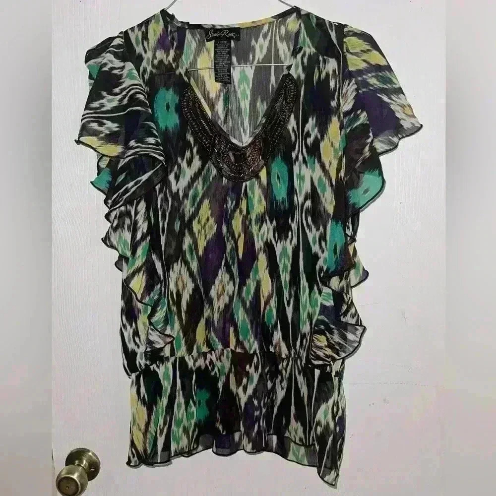 Susie Rose Top Juniors Large L Geometric Short Sleeve Multi Color